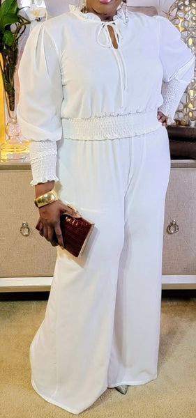 All Night White Party 2 Piece White Plus Size Wide Leg Pants Set With Pockets